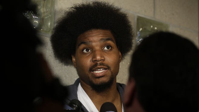 Philadelphia 76ers' Andrew Bynum speaks to members of the media at the team's NBA training facility Friday.