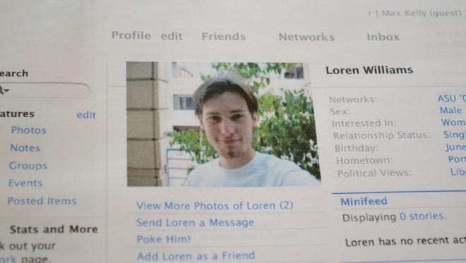 This Feb. 16, 2013 photo shows a printout of the Facebook page for Loren Williams, now deceased, at his mother's home in Beaverton, Ore.