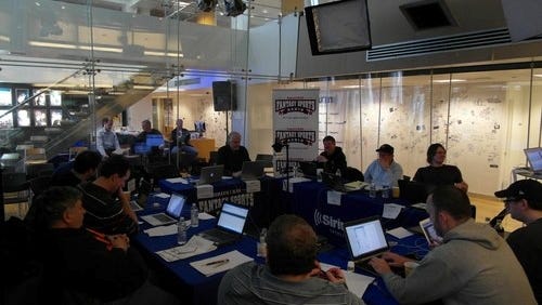 The draft room at SiriusXM Satellite Radio headquarters in New York for the 2013 NL Tout Wars auction.