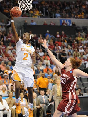 Tennessee Lady Volunteers forward Jasmine Jones (3) attempts a shot against Oklahoma Sooners forward Joanna McFarland (53)  in the second half during the semifinals of the Oklahoma City regional.