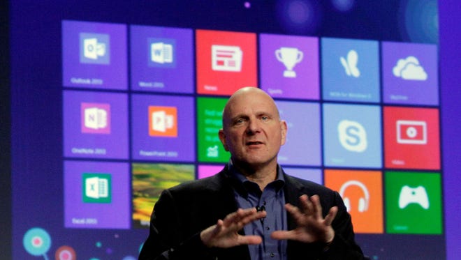 Microsoft CEO Steve Ballmer gives his presentation at the launch of Microsoft Windows 8 in New York last October.