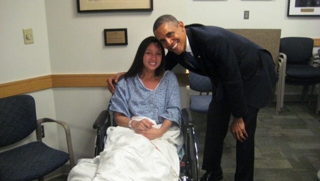 President Obama visits Boston Marathon bombing victim Kaitlynn Cates at Massachusetts General Hospital on Thursday.