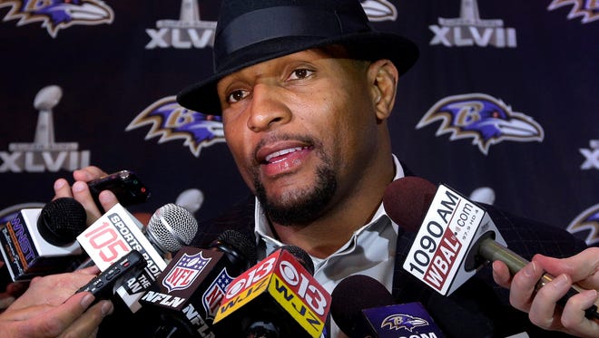 Former Baltimore Ravens linebacker Ray Lewis speaks with reporters in Baltimore, Monday, March 11, 2013, before a screening of a new film released on DVD that chronicles the team's championship NFL football season. The Ravens were Super Bowl XLVII champions after defeating the San Francisco 49ers 34-31.