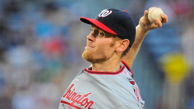 Stephen Strasburg threw 93 pitches, 53 of them for strikes before he was removed after the sixth inning.