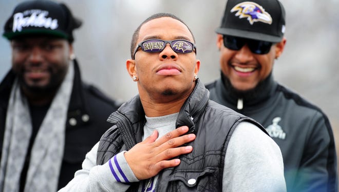 Baltimore Ravens running back Ray Rice during the Super Bowl XLVII victory parade at M,T Bank Stadium. Police say his home was burglarized over the weekend.