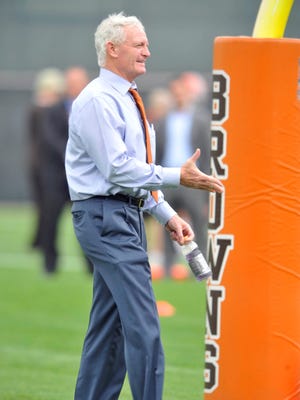 Cleveland Browns owner Jimmy Haslam on the field during rookie minicamp at the team's training facility.