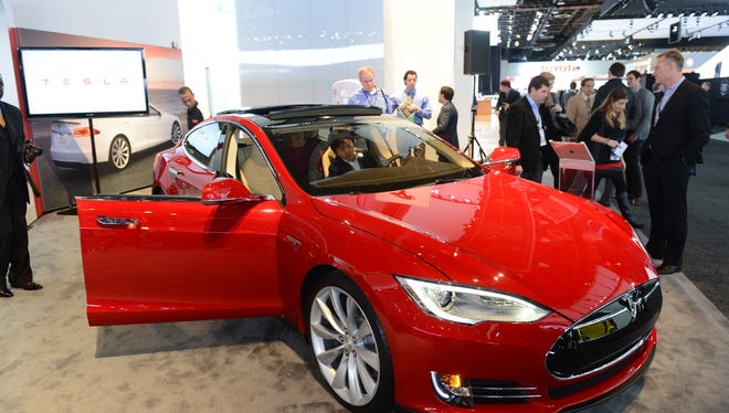 The Tesla Model S electric sedan at this year’s auto show in Detroit.