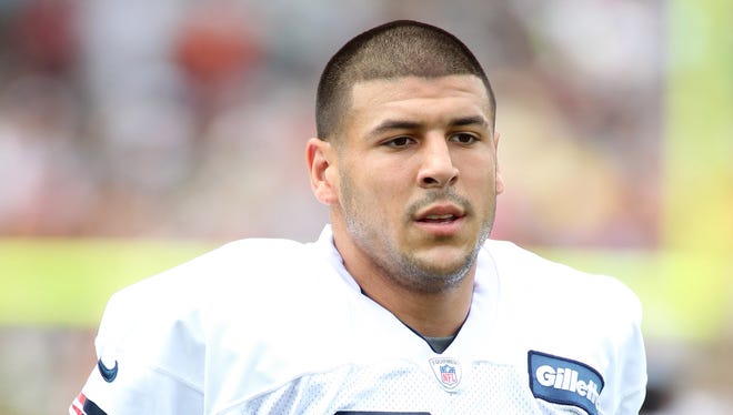 New England Patriots tight end Aaron Hernandez during 2012 training camp at the team practice facility.