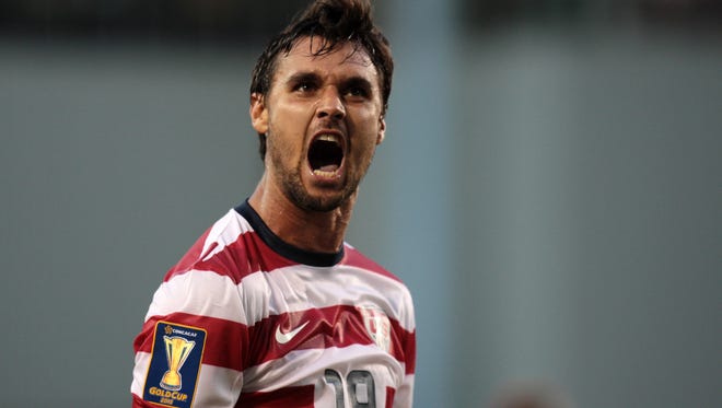 USA forward Chris Wondolowski (19) reacts following a goal that was scored in the first half against Belize at Jeld Wen Field.