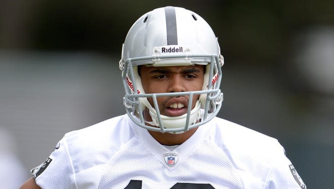 Oakland Raiders receiver Andre Holmes (18) at organized team activities at the Raiders practice facility.
