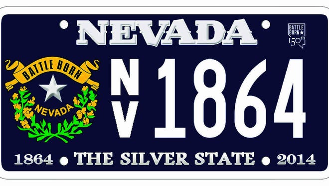 The Nevada sesquicentennial plate is being made by a company based in Portland, Ore. The design features white lettering and an emblem on a dark blue background with raised numbers.