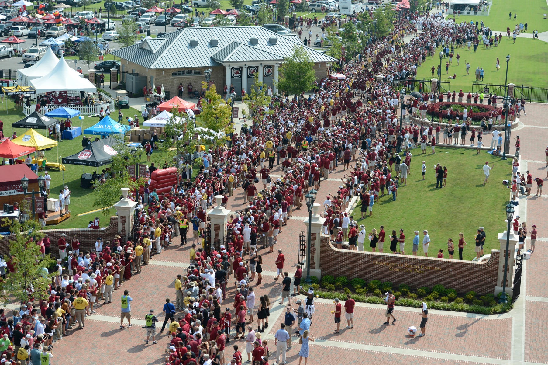 Students assemble on the campus of the University of South Carolina.