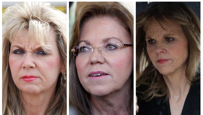 These are file photos of former state senator Jane Orie, right, from Feb. 29, 2012,  her sister Pennsylvania Supreme Court Justice Joan Orie Melvin, center, from May 18, 2012, and their sister Janine Orie, left, from April 7, 2010.
