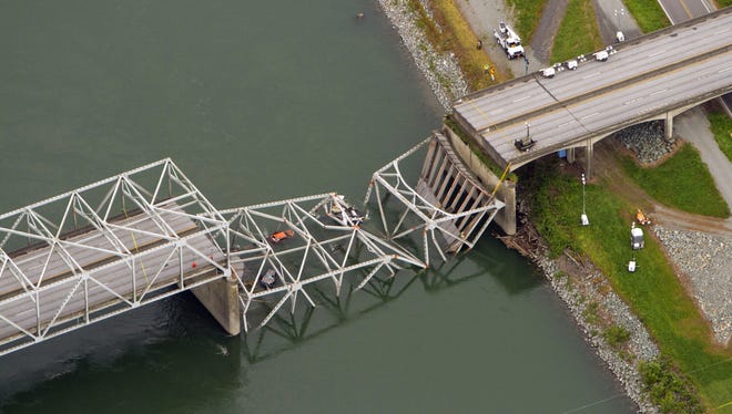 A collapsed section of the Interstate 5 bridge over the Skagit River is seen in an aerial view Friday.