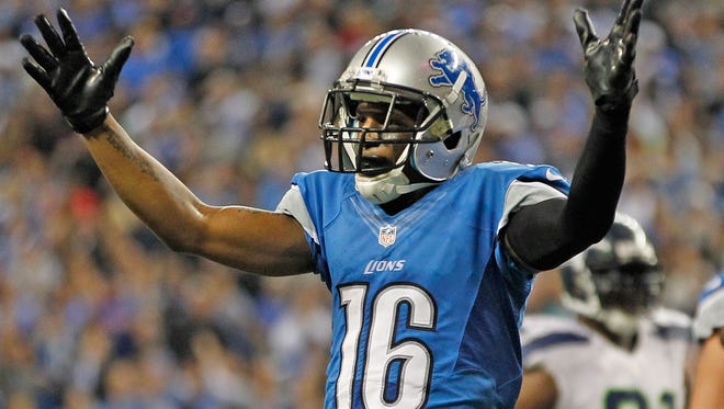 Titus Young reacts to a late fourth-quarter call during the game against the Seahwaks at Ford Field on Oct. 28. The Lions defeated the Seahwaks 28-24.