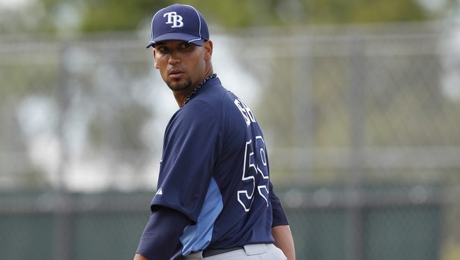 Matt Bush pitches for the Rays during a March 8, 2012 spring training game against the Twins in Fort Myers, Fla.