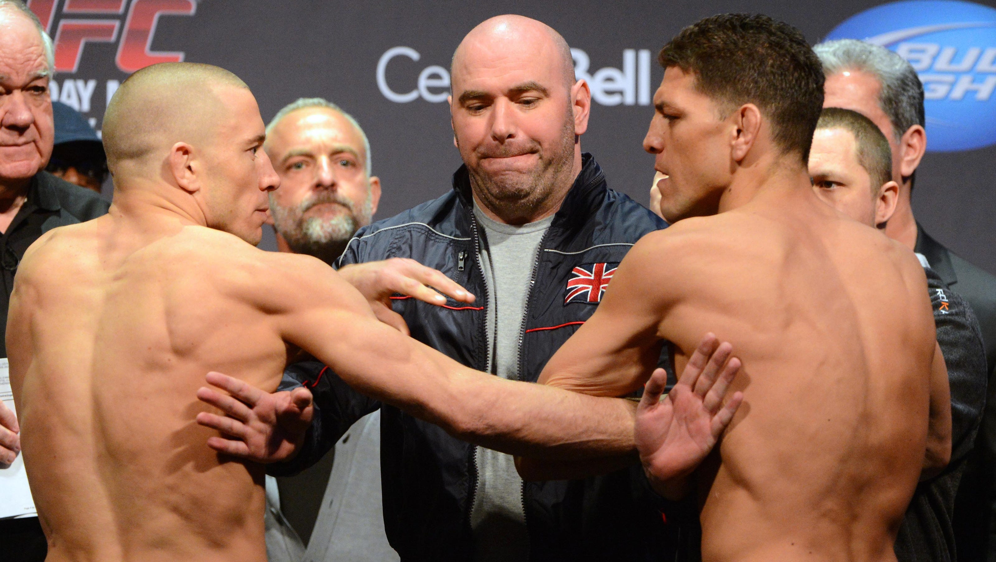 Georges St Pierre Nick Diaz Get Physical During Weigh In For