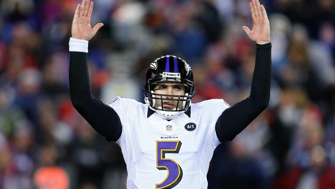 Quarterback Joe Flacco of the Baltimore Ravens celebrates  in a win over the New England Patriots during the 2013 AFC Championship game Jan. 20. If the Ravens win the Super Bowl, guests at a Baltimore hotel get discounts that depend on the score.