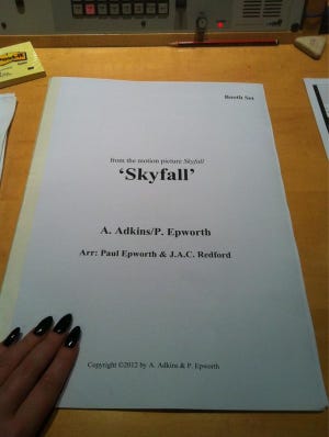 Adele shares a photo of 'Skyfall' sheet music.