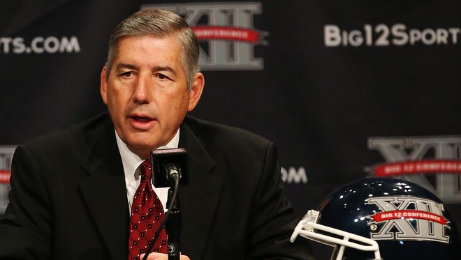 Big 12 commissioner Bob Bowlsby speaks to the media Monday at the Omni Dallas Hotel. Bowlsby called for a reconfiguration of NCAA governance to better group schools of like resources.