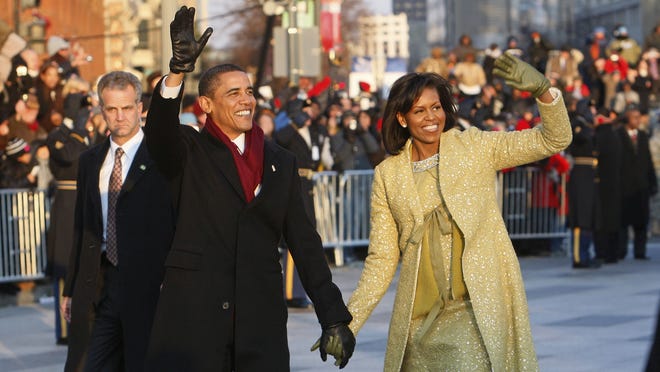 President Obama and first lady Michelle Obama during the 2009 Inaugural Parade.