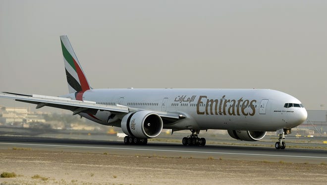 The file photo from July 29, 2008, shows an Emirates Boeing 777 at the Dubai airport.
