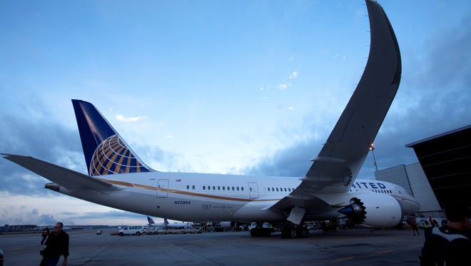 A United Airlines  Boeing 787 prepares to take off before its first scheduled commercial flight from Houston to Chicago on Nov. 4, 2012.