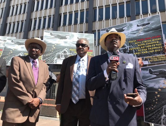 Rep. G.A. Hardaway, D-Memphis, addresses the media during Tuesdayâs press conference held by the Black Farmers and Agriculturalists Association outside the Federal Building.