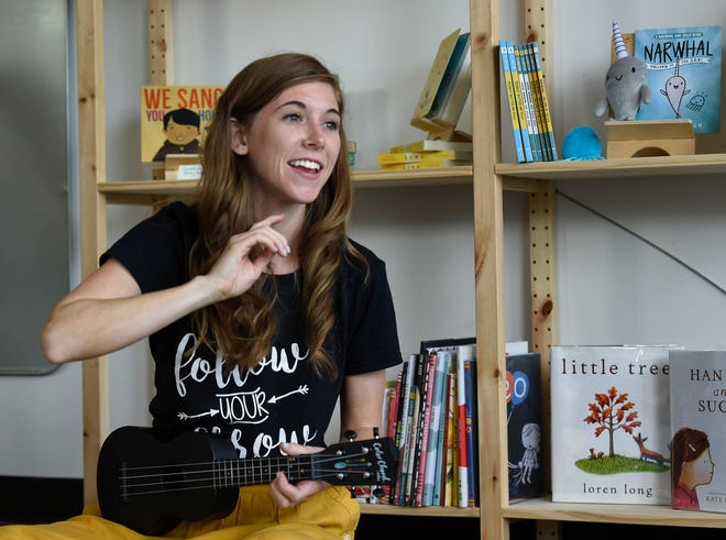 Emily Arrow instructs teachers from all over how to incorporate music with children books during the second annual Teacher Summit in Nashville, Tenn., Saturday, July 14, 2018.