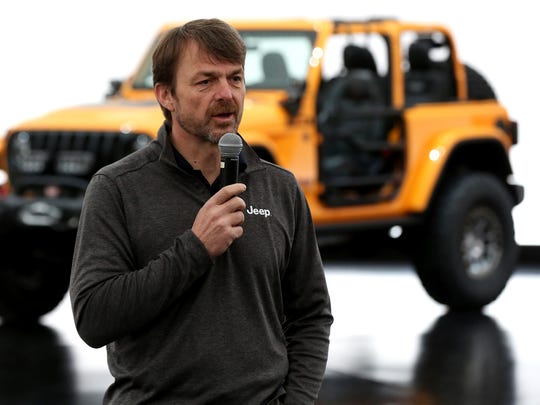 Mike Manley, Head of Jeep Brand talks with journalists the Design Dome in Auburn Hills on Tuesday, March 20, 2018.