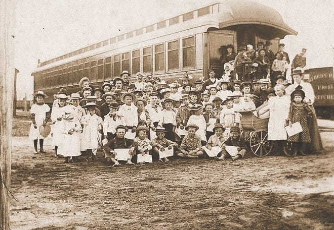 An Orphan Train stops in Utah during one of its trips. Between 1854 and 1929, New York orphans were taken by train to be rehomed in the Midwest and West.