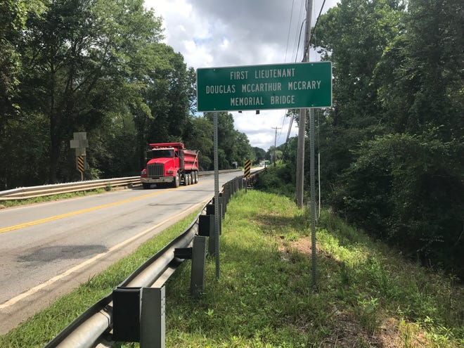 Traffic crosses the Saluda River on the named in honor of 1st Lt. Douglas MacArthur McCrary of Berea. (Never mind that they misspelled MacArthur).