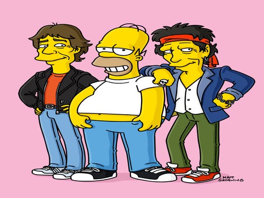 THE SIMPSONS: LONG LIVE ROCK! Rock superstars guest voice on THE SIMPSONS season premiere episode "How I Spent My Strummer Vacation" Sunday, Nov. 10 (8:30-9:00 PM ET/PT) on FOX. L-R: Mick Jagger , Homer Simpson, and Keith Richards. --- DATE TAKEN: Unavailable ©2002FOX HO - handout ORG XMIT: PX88392