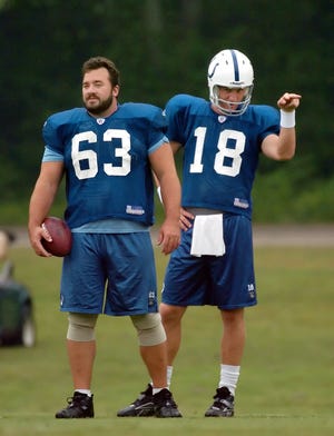Indianapolis Colts center Jeff Saturday (63) and quarterback Peyton Manning go through drills during football practice at training camp Friday, Aug. 18, 2006, in Terre Haute, Ind. (AP Photo/Indianapolis Star, Matt Kryger)  