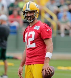 Green Bay Packers quarterback Aaron Rodgers (12) smiles during training camp practice at Ray Nitschke Field on Thursday, July 26, 2018 in Ashwaubenon, Wis. Adam Wesley/USA TODAY NETWORK-Wisconsin