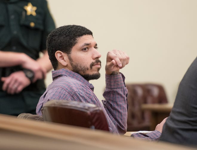 Santa Rosa Correctional Institution inmate Mauricio Meza listens during his trial at the Santa Rosa Courthouse in Milton on Thursday, July 26, 2018.  Meza has been charged with attempted murder for allegedly shanking fellow inmate Mitchell Harrison and injuring guard Michael Hart.