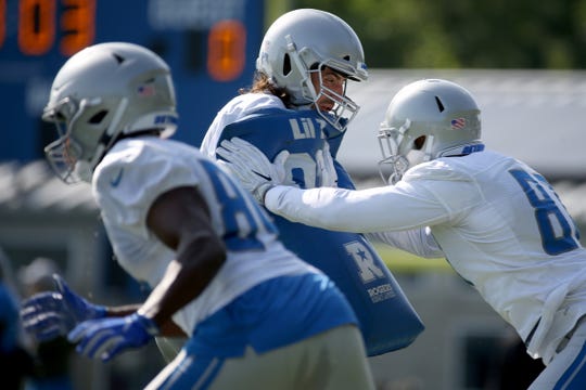 Tight end Luke Willson practices, during the Detroit Lions training camp at their practice facility in Allen Park on Sat. July 28, 2018.