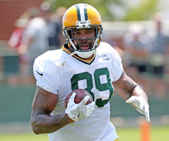 Green Bay Packers tight end Marcedes Lewis (89) during Green Bay Packers Training Camp Saturday, July 28, 2018 at Ray Nitschke Field in Ashwaubenon, Wis