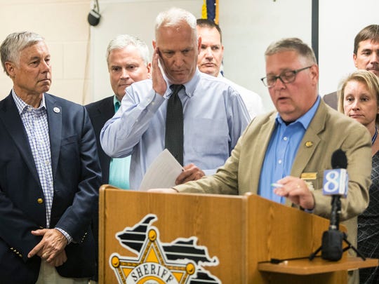 Kalamazoo County Sheriff Richard Fuller speaks during a press conference about the high levels of Perfluoroalkyl and polyfluoroalkyl substances, PFAS, found in the drinking water of Parchment and Cooper Township at the Kalamazoo County Sheriff Department in Kalamazoo on Thursday, July 26, 2018. 