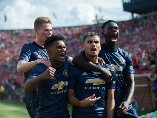 Manchester United's Ander Herrera celebrates his goal vs. Liverpool at Michigan Stadium in Ann Arbor on July 28, 2018 in the International Champions Cup.