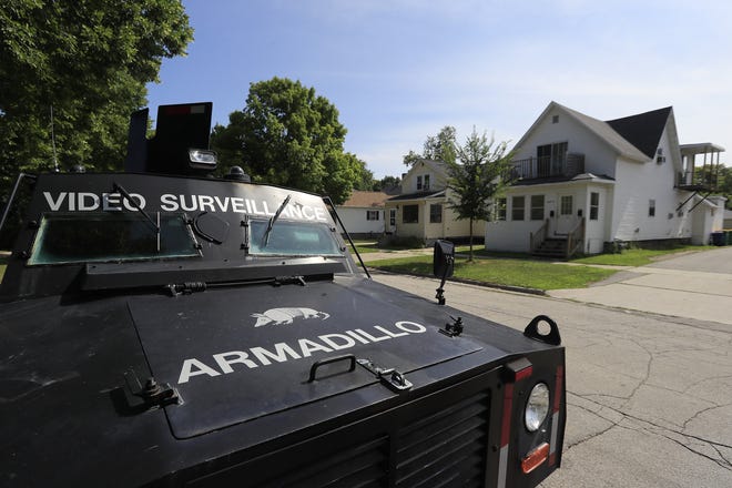The Green Bay Police Department parks its Armadillo armored surveillance vehicle on neighborhood streets as a crime deterrent.