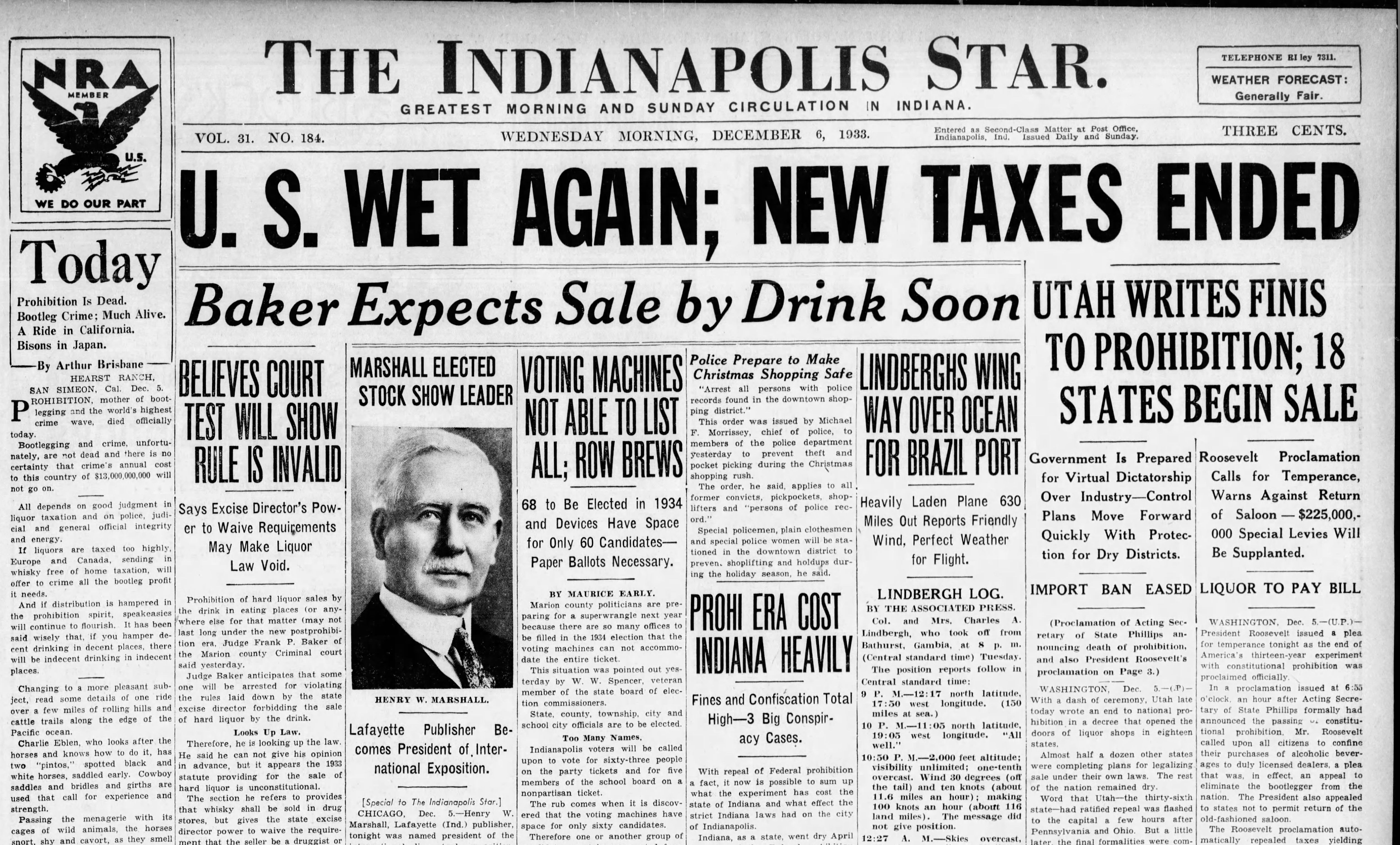 Dec. 6, 1933 headline shows the end of Prohibition.