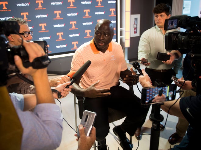 UT Vols football co-defensive coordinator Chris Rumph speaks to the media during a press conference on Thursday, August 2, 2018.