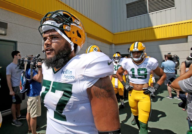 Green Bay Packers offensive guard Adam Pankey (77) during Green Bay Packers Training Camp Tuesday, July 31, 2018 at Ray Nitschke Field in Ashwaubenon, Wis