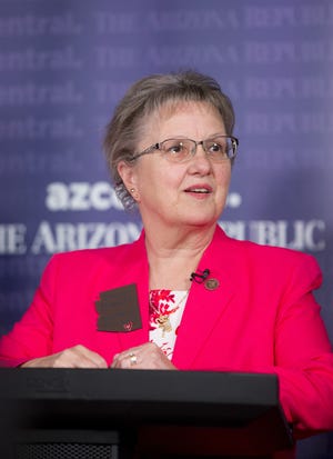 Diane Douglas, who is running for re-election for state superintendent of public instruction, speaks during a debate at azcentral.com on August 1, 2018.