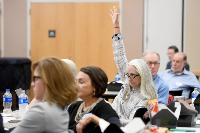 Victoria Hicks raises her hand during the WNC Conversion Health Foundation Forum at UNC Asheville on Friday, Aug. 3, 2018. The symposium focused on the Dogwood Health Trust, the successor foundation formed from the proceeds of the proposed sale of Mission Health to HCA Healthcare.