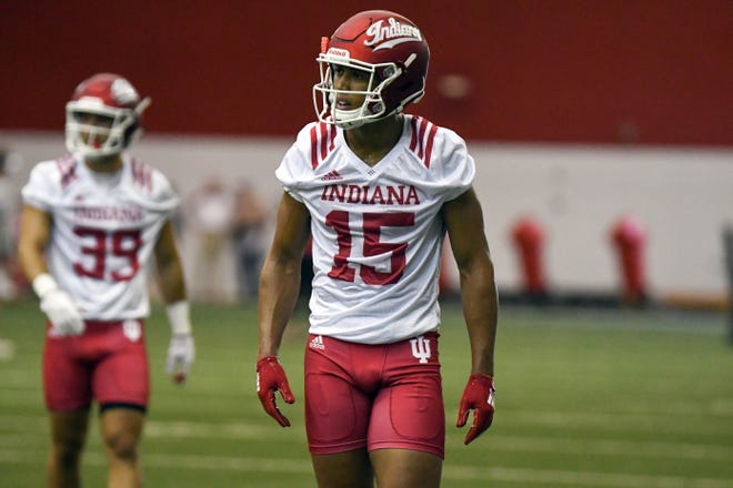 Indiana Hoosiers wide receiver Nick Westbrook (15) watches a drill during IU's practice at Mellencamp Pavilion in Bloomington, Ind., on Friday, August 3, 2018.