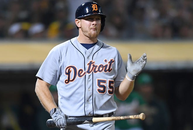 Detroit Tigers' John Hicks reacts after striking out against the Oakland Athletics in the ninth inning at Oakland Alameda Coliseum on Aug. 3, 2018.