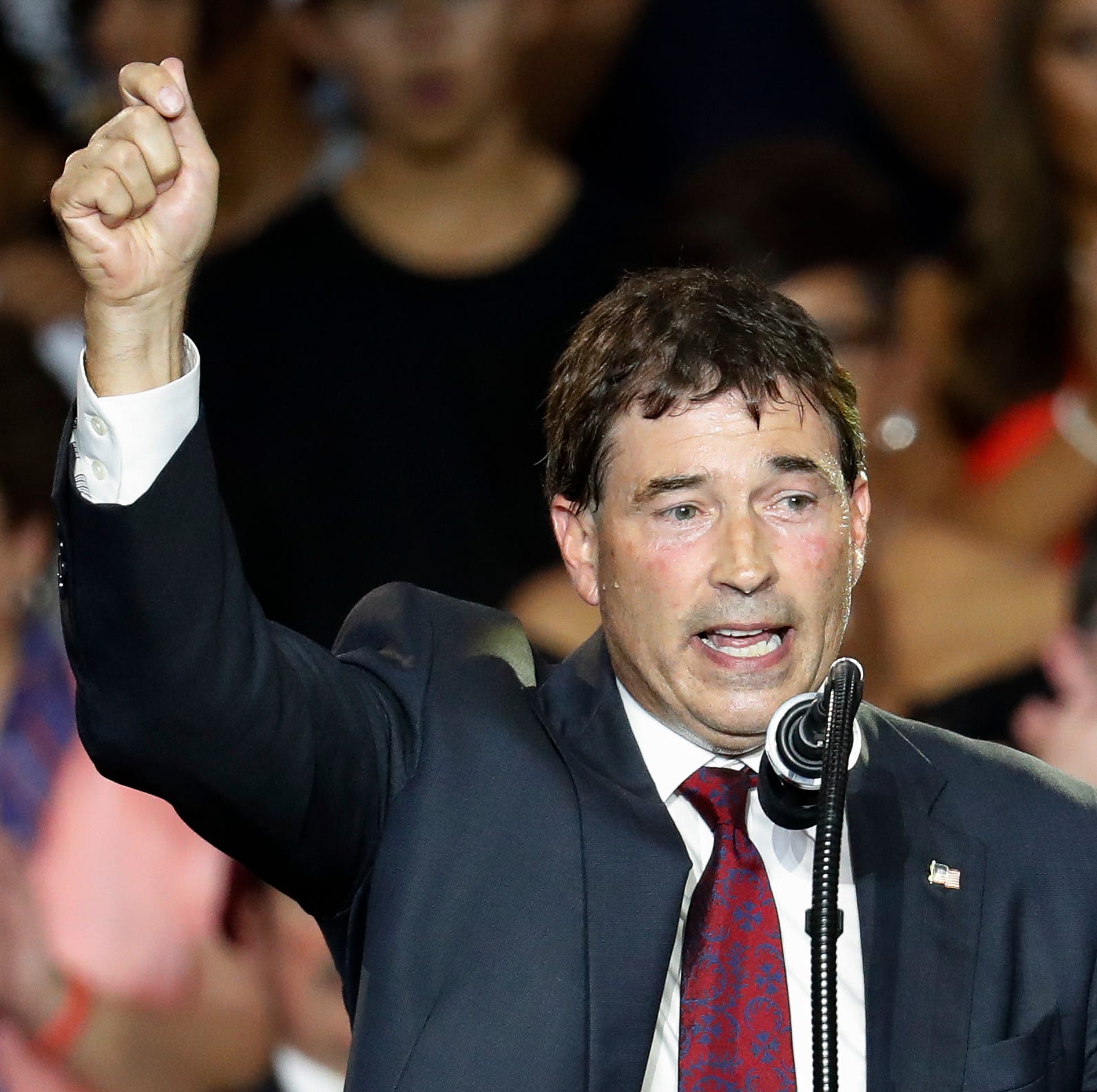 12th Congressional District Republican candidate Troy Balderson speaks during a rally with President Donald Trump, Saturday, Aug. 4, 2018, in Lewis Center, Ohio.