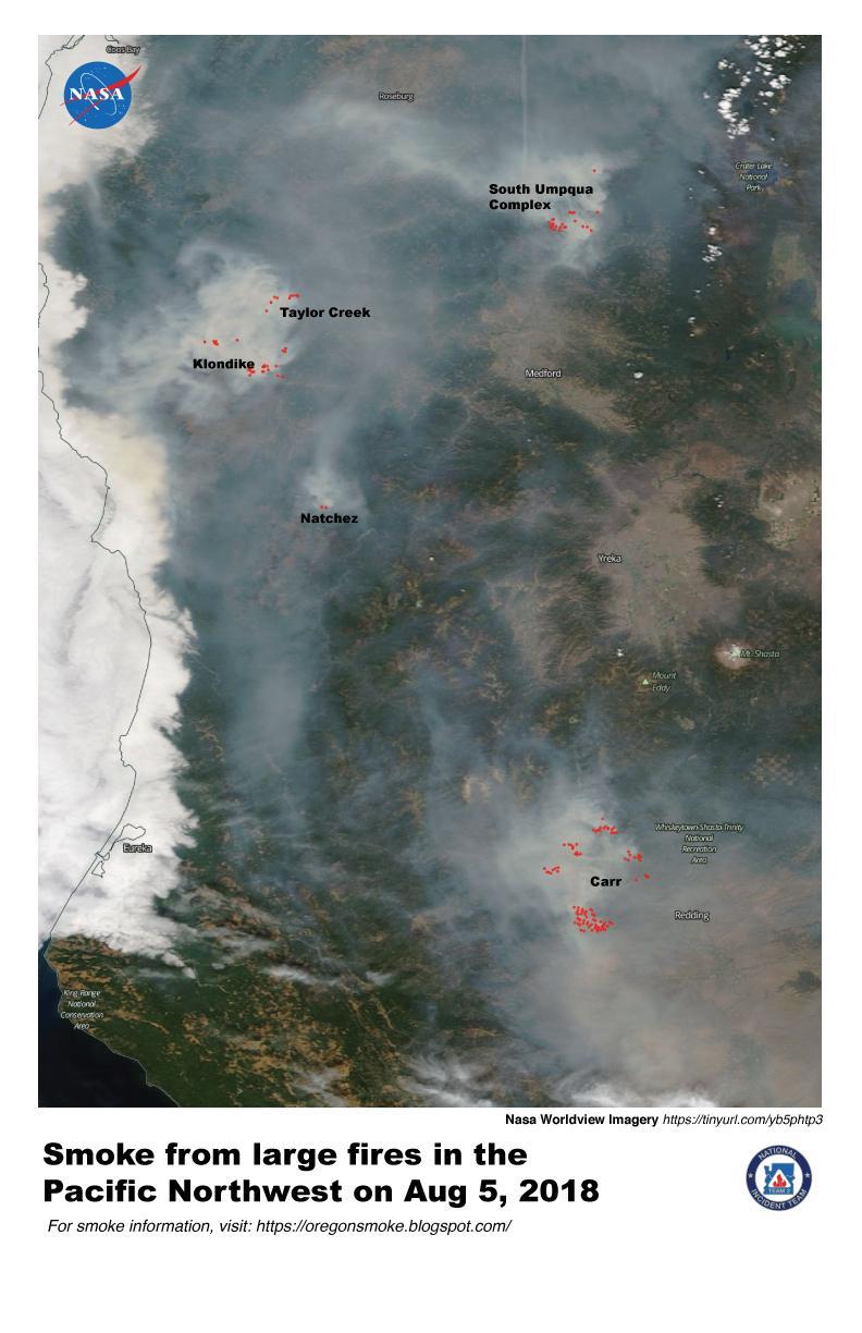 Smoke from large fires in southern Oregon on August 5, 2018.